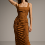 Caramel Velours Ruched Dress view 8