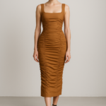 Caramel Velours Ruched Dress view 1