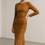 Caramel Velours Ruched Dress view 5