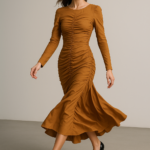 Caramel Velours Ruched Dress view 6