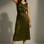 Olive Nocturne — Draped Silk Midi Dress view 8