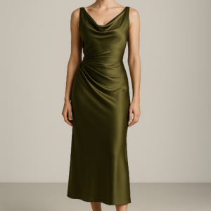 olive nocturne — draped silk midi dress