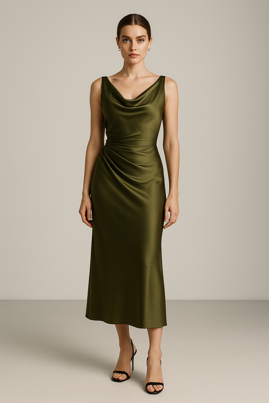 Olive Nocturne — Draped Silk Midi Dress