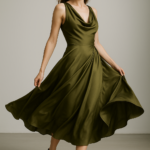 Olive Nocturne — Draped Silk Midi Dress view 9