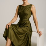 Olive Nocturne — Draped Silk Midi Dress view 7