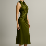 Olive Nocturne — Draped Silk Midi Dress view 3