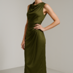 Olive Nocturne — Draped Silk Midi Dress view 5