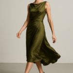 Olive Nocturne — Draped Silk Midi Dress view 6