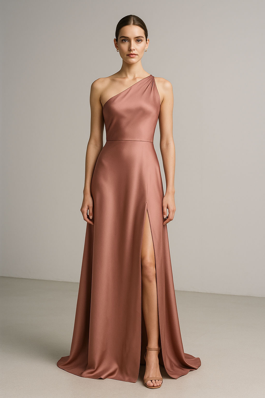 Rose Antique One-Shoulder Gown in Dusty Rose Silk